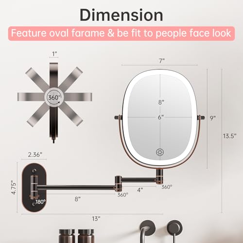 FUNTOUCH 30X/1X Wall Mounted Lighted Makeup Mirror, 5000mAh Rechargeable Double Sided Magnifying Bathroom Mirror, 3 Color Modes Touch Dimmable Extended Arm 360 Rotation, Antique Bronze
