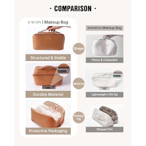 EACHY Travel Makeup Bag, Large Capacity Cosmetic Bag for Women, Waterproof PU Leather, Flat Open Portable Toiletry Bag for Skincare, Brushes & Travel Essentials