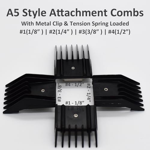 Professional A5 Animal Clipper Attachment Guard Guide Combs Set, 1/8" 1/4" 3/8" 1/2" Compatible with Andis AG BG, Oster Classic 76 Golden A5, Wahl KM Series Pet Groomer Horse Clipper Models (Black)