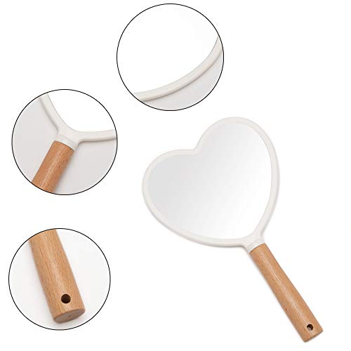 YEAKE Heart-Shaped Hand Held Mirror with Wooden Handle - Travel Vanity Mirror for Men & Women, 9 x 5.5 Inches, White & Heart