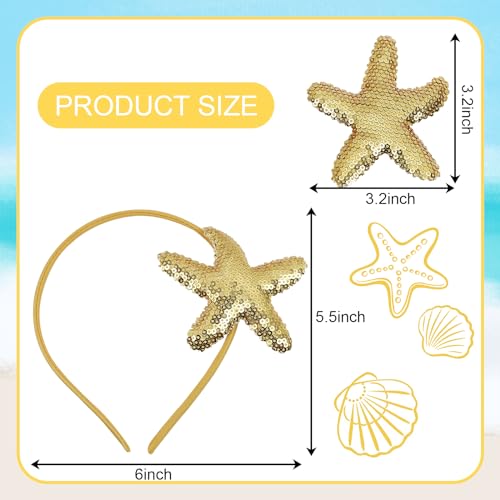 LACGO Set of 5 Beach Starfish Hair Accessories - Mermaid Hair Clips Sequins Glitter Headband Sea Star Barrettes for Toddler Girls Women Wedding Birthday Anniversary Holiday(Gold)