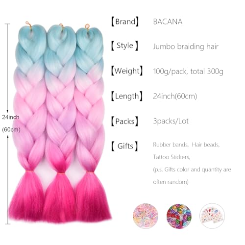 BACANA 4Tone Gradient Rainbow Braiding Hair Extensions 24 Inch for Kids & Adults