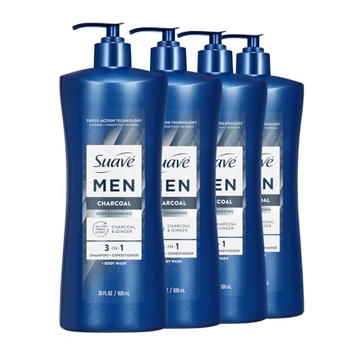 Suave Men Deep Cleansing 3 in 1 Shampoo, Conditioner & Body Wash with Charcoal Powder, Detoxifies & Cleanses Hair & Skin, Removes Oil & Impurities, 4 Count, 28 FL OZ Pump