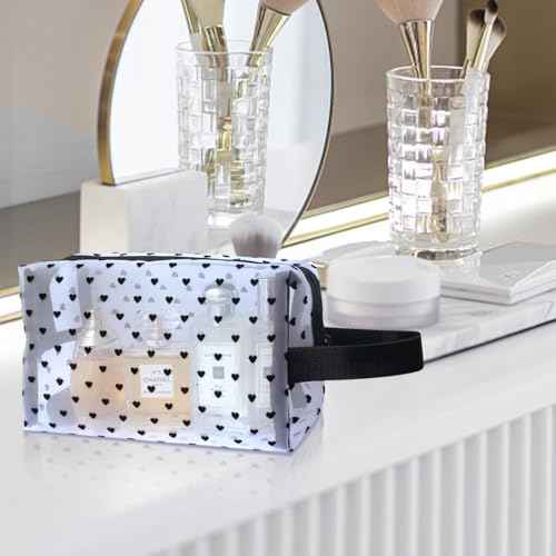 5-Piece Heart Printed Mesh Makeup Bag Set, Portable Travel Cosmetic Toiletry Purse Bags, Zipper Storage Pouches for Home Offices Travel Accessories (White)