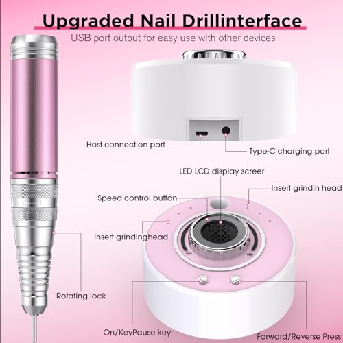 Electric Nail Drill Kit 40000RPM Efile Nail Drill Professional with 12 Drill Bits & 66 Sanding Bands Cordless & Rechargeable Nail Drills for Nails Acrylic Gel Polishing Removing Home/Salon Use-Pink