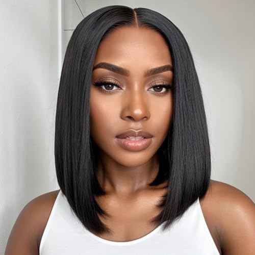 Bob Wig Human Hair 180% Density 13x4 HD Transparent Lace Front Wigs Human Hair Pre Plucked Short Bob Glueless Straight Wigs Human Hair for Women Natural Black 14 Inch