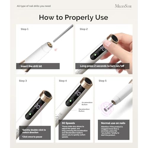 MelodySusie Pen-Shaped Ultra-Slim Cordless Nail Drill, PM170F 30000RPM Portable Rechargeable Electric File with LED Display for All Manicure, Nail Care, Shaping & Gel Removal for Advanced Home Use