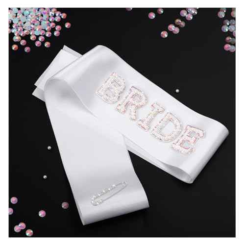 Etercycle Bride Sash, Bride To Be Sash Bridal Gifts, White Pearls Rhinestones Sashes Bachelorette Party Decorations Bridesmaid Favors With Adjustable Diamond Pin