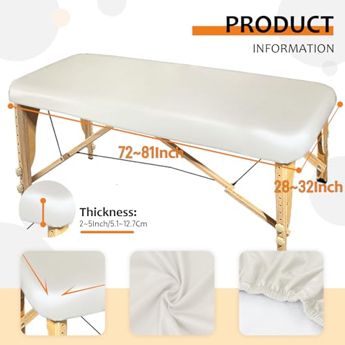 PU Leather Massage Table Cover Waterproof Massage Table Cover Protector Elastic, Odorless & Anti-Wrinkle Wipeable Massage Bed Cover Fitted for 6FT Massage Bed/Spa Bed/Lash Bed (White, 1Pcs)