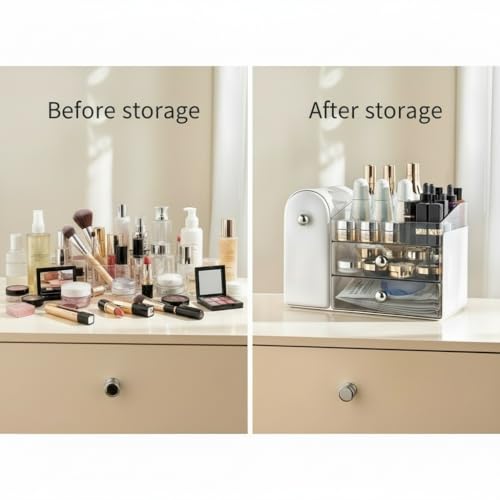 Bird&Fish Makeup Organizer with Sliding Brush Holder, Clear Skincare Organizer with Drawers, Bathroom Countertop Organizer, Sturdy Cosmetic Storage Case for Vanity, Dresser (White)