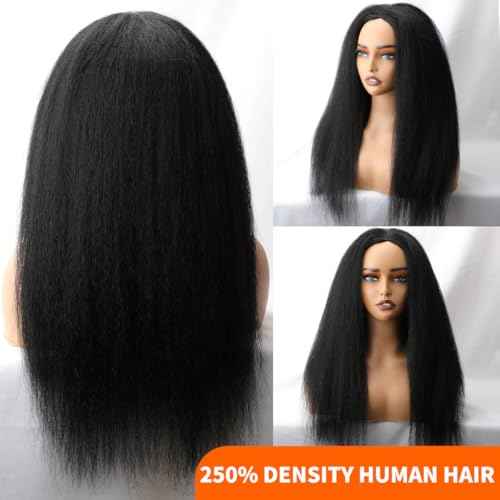 Kinky Straight Half Wig Human Hair 250 Density Yaki Straight Half Wig Headband Wig Human Hair Glueless Wigs Wear And Go Drawstring Seamless Flip Beginner Friendly Wigs for Black Women 20 Inch