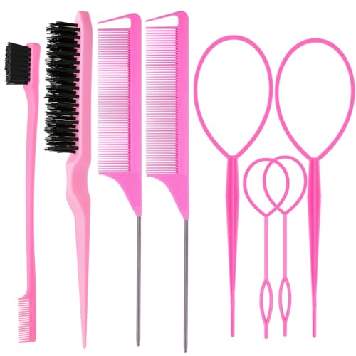 Pink Hair Styling Tools Set with Brushes & Topsy Tail Hair Tools - 8 Pieces