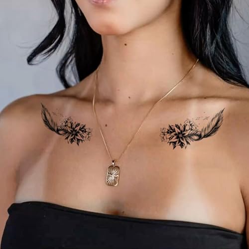 Semi Permanent Tattoos, 2 Sheets Realistic Temporary Tattoos for Women, Fake Tattoo for Ankle Arm Waist, Waterproof No Reflective, Lasts 2 Weeks (Hummingbird floral & Feather Flower Designs)