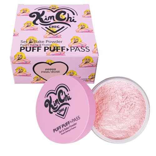 Kimchi Chic Beauty Puff Puff Pass Set and Bake Setting Powder for Makeup, Extra Fluffy Loose Face Powder Poof, Soft Natural Face Makeup for Uneven Skin Tone, 09 Pink