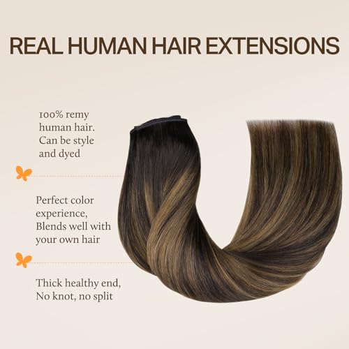 DOORES 12 Inch Wire Hair Extensions - 70g Remy Human Hair, Dark Brown to Chestnut Brown