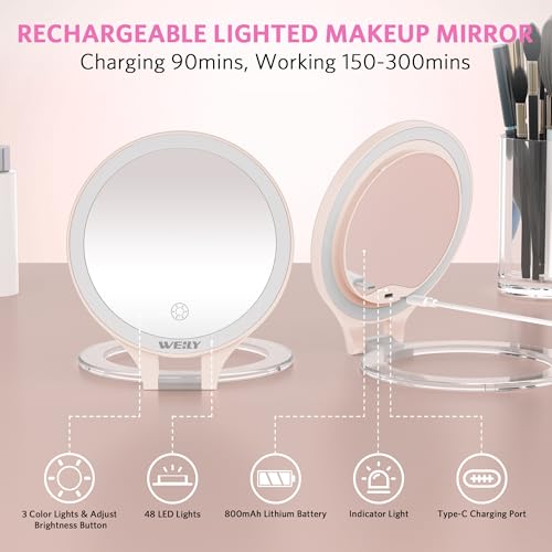 WEILY 10X/1X Magnifying Makeup Mirror with Light - Pink