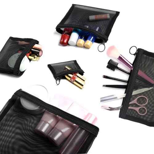 patu Zipper Mesh Bags, Pack of 5 (XS/S/M/L & Long Pouch), Beauty Makeup Cosmetic Accessories Organizer, Travel Toiletry Kit Set Storage Case, Black