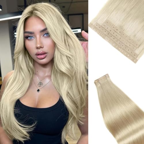 Human Hair Extensions Micro Ring PU Hair Extensions Glueless Remy Human Hair Extension with Holes Platinum Blonde Invisible Tape in Hair Extension for Women (35g 4Pcs,18 Inch)