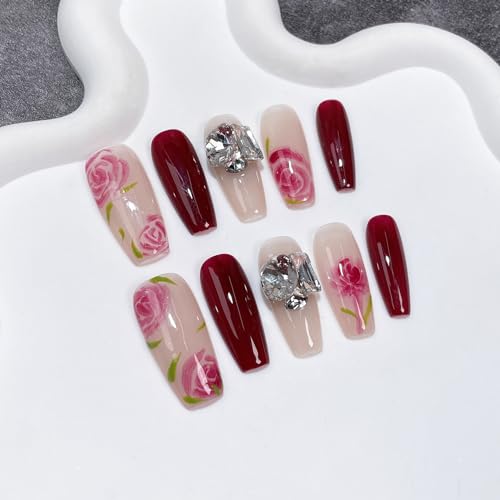 Wsliana Handmade Press On Nails Hand-Painted Gradient Floral Design Red and Pink Medium Length Coffin Shape Glossy Finish 10pcs Glue On Acrylic Fake Nails(081 L)