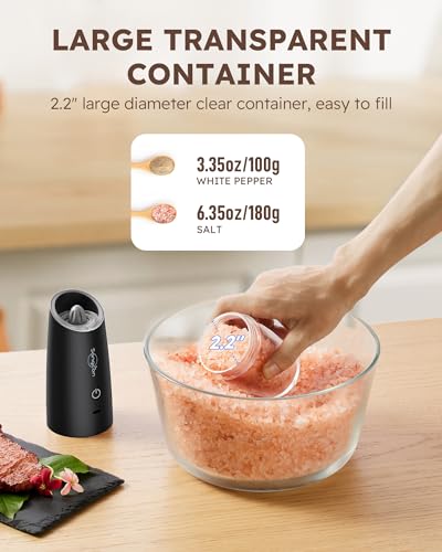 Sangcon Gravity Electric Salt and Pepper Grinder RECHARGEABLE Automatic Salt Pepper Shaker USB-C No Battery Needed - LED Light One Hand Operation, Adjustable Coarseness Pepper Mill 1pc