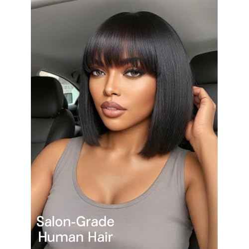 Bob Wig Human Hair 210% Density Bob Wig with Bangs 100% Human Hair Wigs for Black Women Pre-Bleached Glueless Straight Bob Wigs(10Inch,black bob wig)