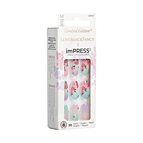 KISS LoveShackFancy x imPRESS Press-On Manicure Limited Edition, Style "Lilac Crush" Medium Coffin Purple Press-On Nails, Includes Prep Pad, Mini Nail File, Cuticle Stick, & 30 Fake Nails