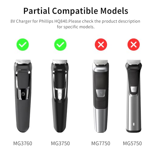 8V Shaver Charger Compatible with Philips Norelco HQ840, Supply Charging Cord for Philips HQ840 Norelco Multigroom Series 3000 MG3750 MG3750/50 MG3750/10 MG3750/60 MG3760 MG3760/50
