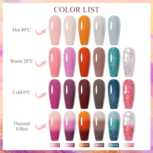 MEET ACROSS Color Changing Gel Nail Polish Set, 6 PCS Glitter Mood Temperature Change Gel Polish, Thermal Nail Gel Soak Off Long Lasting Manicure Color Changed Kit