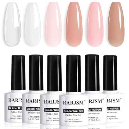 RARJSM Nude Rubber Base Gel Nail Polish Set Clear Sheer Milky White Opaque Pink Builder Base Gel in a Bottle Hard Extension Gel Skin Tone 6 Netural Colors Cured for Nails at Home Salon DIY Beginner