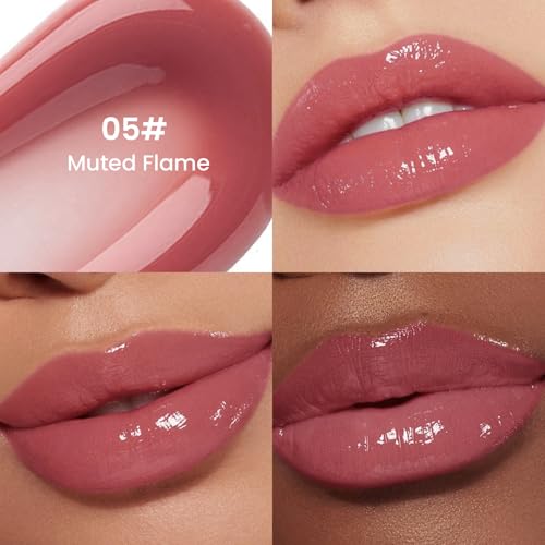 Pudaier Excellent Recovery Glossy Lip Stain, Moisturizing Lip Care Tinted Lip Oil, Hydrating Plumping Lip Gloss Balm, Non-Sticky Long Lasting Light Texture LipGloss Oil for Dry Lip (05 Muted Flame)