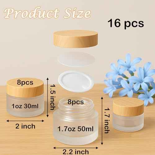 16Pcs 1oz & 1.7oz Glass Cosmetic Containers with Wood Grain Lids ? Refillable Frosted Glass Jars, Leakproof Cream Containers for Travel, Body Scrub, Lotion, Lip Scrub, DIY Skincare£¨50ml/30ml£©