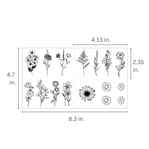 One Grace Mini Black Flower Temporary Tattoos - Realistic Long Lasting Waterproof Tiny Tattoos - Cute Floral Bouquet Wild Plants Small Tattoos for Women and Men
