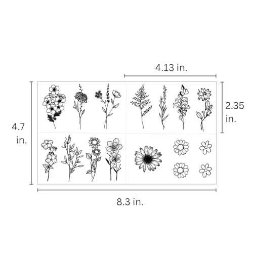One Grace Mini Black Flower Temporary Tattoos - Realistic Long Lasting Waterproof Tiny Tattoos - Cute Floral Bouquet Wild Plants Small Tattoos for Women and Men