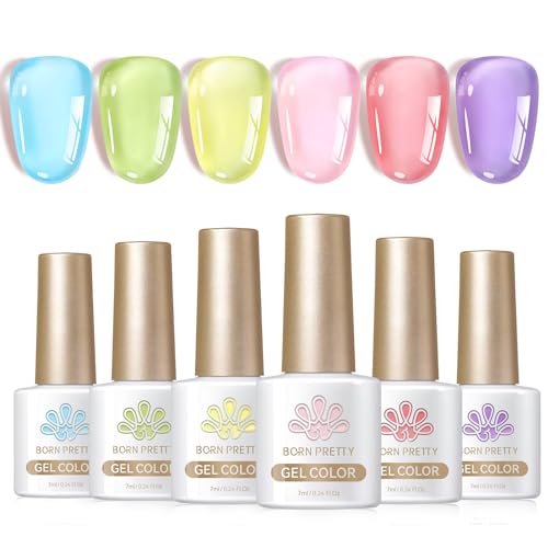 Born Pretty Jelly Gel Nail Polish Halloween 30% Ice Jelly Neon Gel Polish Crystal Transparent Gel Polish Set Yellow Green Blue Purple Hot Pink Nail Art Varnish Manicure 6PCS Halloween Gift