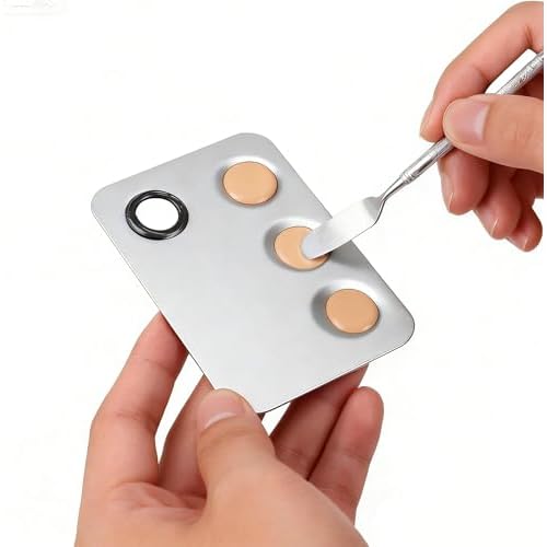 SEUNMUK 6 Pack 6 x 4 Inch Stainless Steel Cosmetic Palette with Spatula, 3-well Mixing Makeup Palette Nail-art Mixer Metal Tray for Foundation, Pigment, Nail Polish Blending, Silver