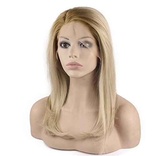 MX angel Mid Length Straight Heat Resistant Dark Root Blond Synthetic Lace Front Wig