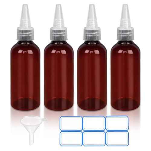 4 Pack 1 Oz (30ml) Amber Plastic Essential Oil Bottles with Funnel, Labels for Liquid Storage - No Droppers Needed