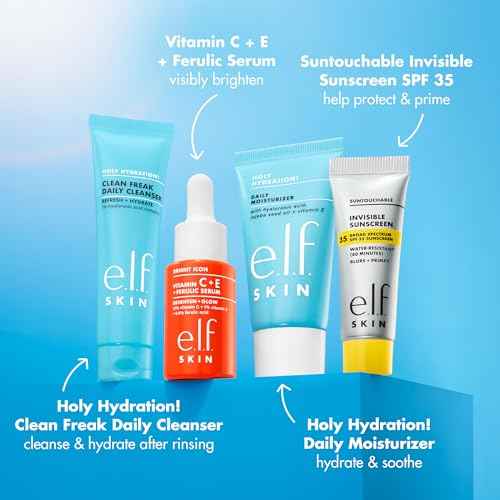 e.l.f. SKIN Wake the e.l.f. Up Skincare Kit, Travel-Size Hydrating Face Cleanser, Sunscreen, Moisturizer & Brightening Serum, Vegan & Cruelty-Free