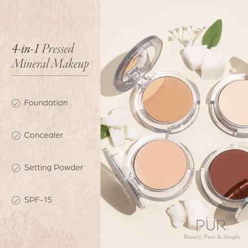 PUR Beauty 4-in-1 Pressed Mineral Makeup Powder Foundation with SPF 15 - Concealer & Finishing Compact Pressed Powder for Face - Buildable Medium to Full Coverage Foundation Powder