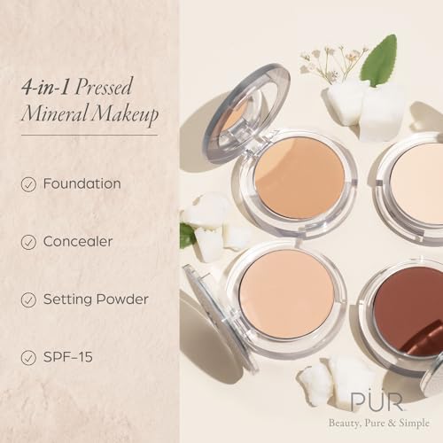 P?R MINERALS 4-in-1 Pressed Mineral Makeup Powder Foundation with SPF 15 - Concealer & Finishing Compact Pressed Powder for Face - Buildable Medium to Full Coverage Foundation Powder