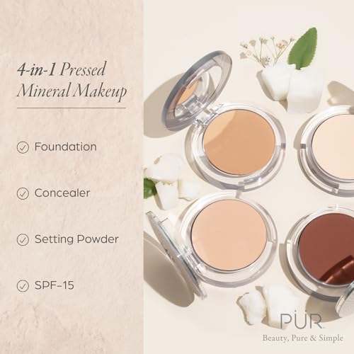 PUR Beauty 4-in-1 Pressed Mineral Makeup Powder Foundation with SPF 15 - Concealer & Finishing Compact Pressed Powder for Face - Buildable Medium to Full Coverage Foundation Powder (Chestnut)