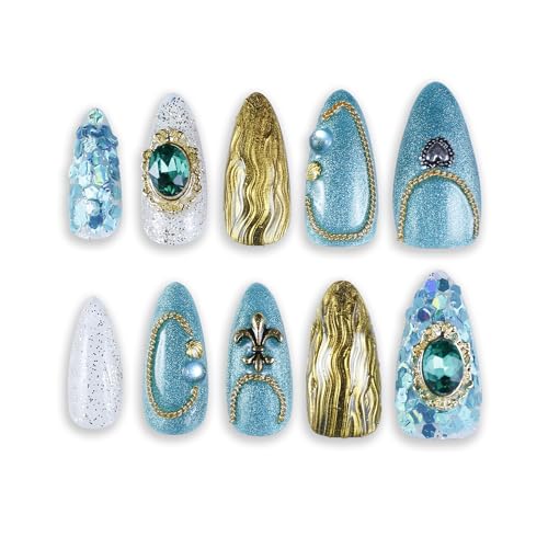 THCEVRLA Handmade Press On Nail Nails Medium Long Golden Legend Almond Oval Fake Tip 3D Gel Design Art Charms Cute with Storage Box 10 Pcs Women's gift (S, Golden Legend)