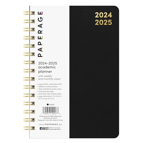 PAPERAGE 17 Month Academic Planner 2024-2025, Weekly & Monthly Spreads, August 2024 - December 2025, Large (9 in x 11 in), Black