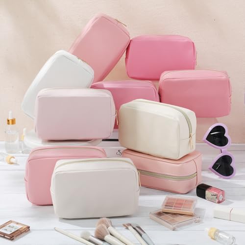Sweetude 10 Pcs Makeup Bag Bulk Preppy Gift PU Leather Cosmetic Bag Small Skincare Toiletry Pouch with Zipper Valentine Cosmetic Pouch for Women Valentine Wedding Gift Favors(Pink)