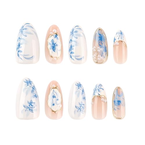 Press On Nails Almond Blue Floral French Tip 24pcs – Taoyiset Reusable Full-Cover Faux Nails
