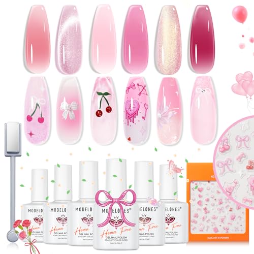 Modelones Pink Gel Nail Polish Set with Cat Eye and Accessories - A4 Pink Girl Variation