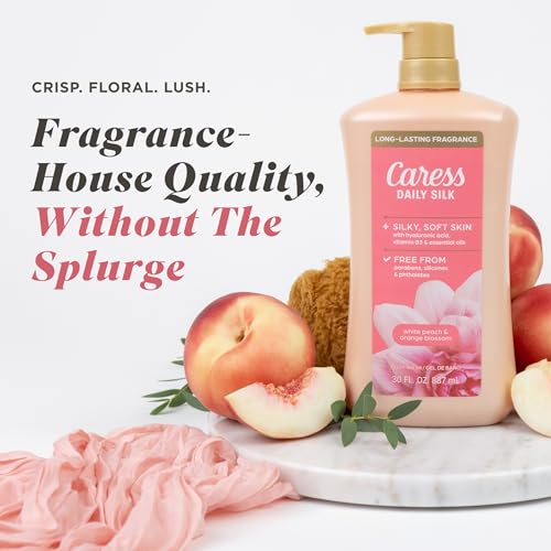 Caress Body Wash With Pump Daily Silk White Peach & Orange Blossom Body Soap for Noticeably Silky, Soft Skin 30 fl oz, 4 Pack