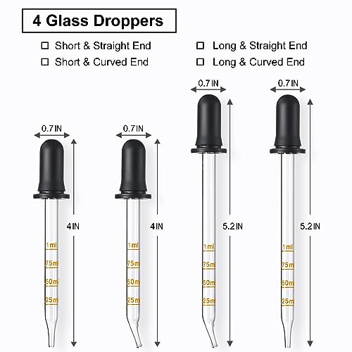 4 Pack Glass Eye Dropper Set - 1ml Measurement, Long & Short, Bent & Straight Tips - Accurate Dose Pipettes for Essential Oils, Ear, Lab & Health Care - Variation: 4PCS-Long & Short