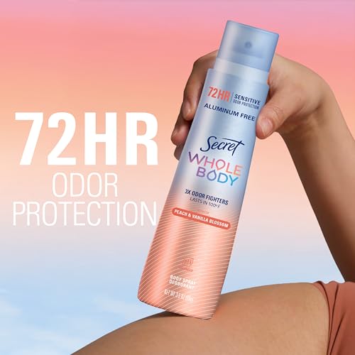 Secret Whole Body Deodorant Spray Travel Size 1 oz Peach Vanilla - 72HR Odor Protection, Aluminum-Free, Clear, Dermatologist Tested