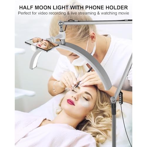 Half Moon Light for Lashes, Lash Light Lamp with Wheels & Phone Holder, Half Moon Lamp for Esthetician, Tattoo Lighting, Nail Tech, 7 Cool/Warm Tones, Adjustable Brightness & Height